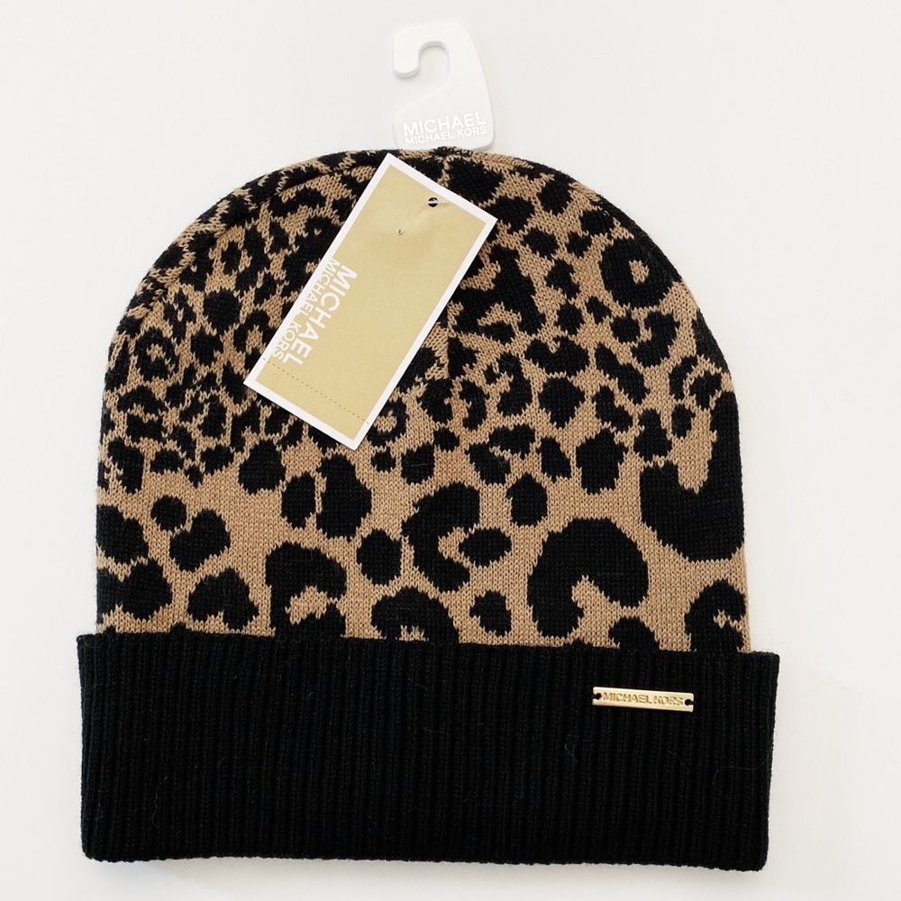 NWT Michael Kors Dark Camel Leopard Print Hat